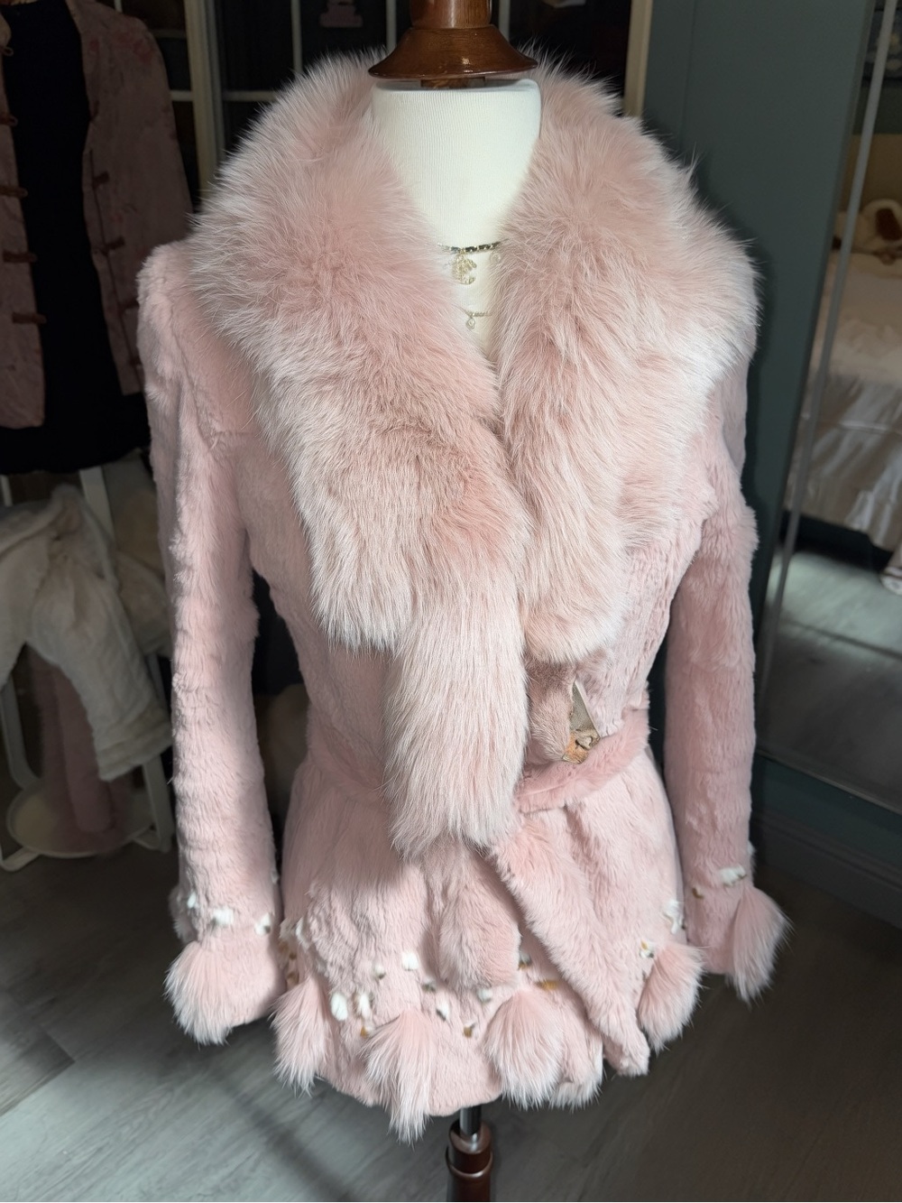 Vintage Dusty Mauve Pink Rabbit Fur Coat Fox Fur Trim Belted S